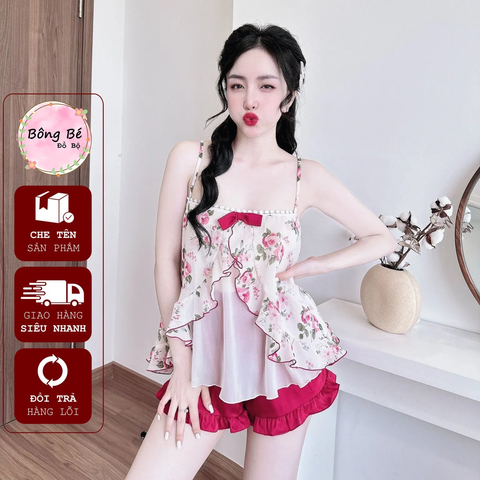 N11 Đồ ngủ, đồ bộ vải voan hoa viền bèo mặc nhà xinh xắn