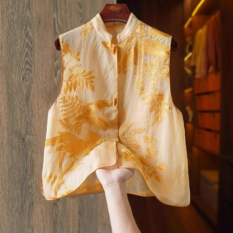Product Introduction of New Summer Women Waistcoat New Chinese Vintage Embroidery Organza  Women Champagne Sleeveless Tops 1 Lingerie Clothing Button Solid 13