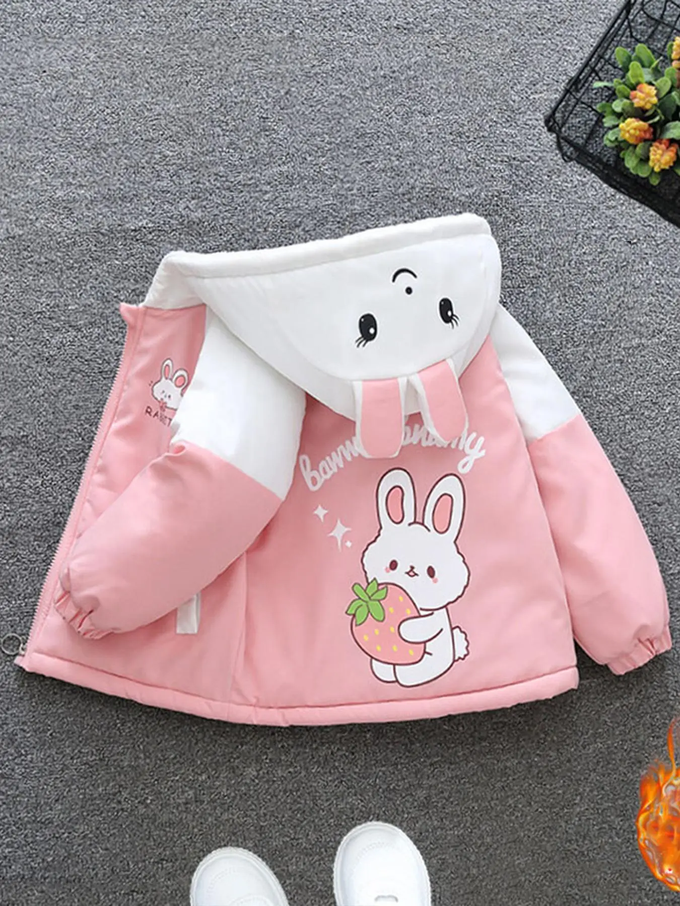 Girl's Cartoon Rabbit Print 3d Ear Decor Zip Up Thermal Lined Hooded Winter Coat, Cute Long Sleeve Pocket Outerwear for Fall & Winter, Kids Clothes for Daily Wear