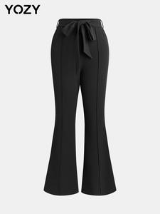 YOZY Women's Solid Color Belted Flare Leg Pants, Fashion Casual Bell Bottom Trousers for Daily Outdoor Wear, Women Bottoms for Fall & Winter