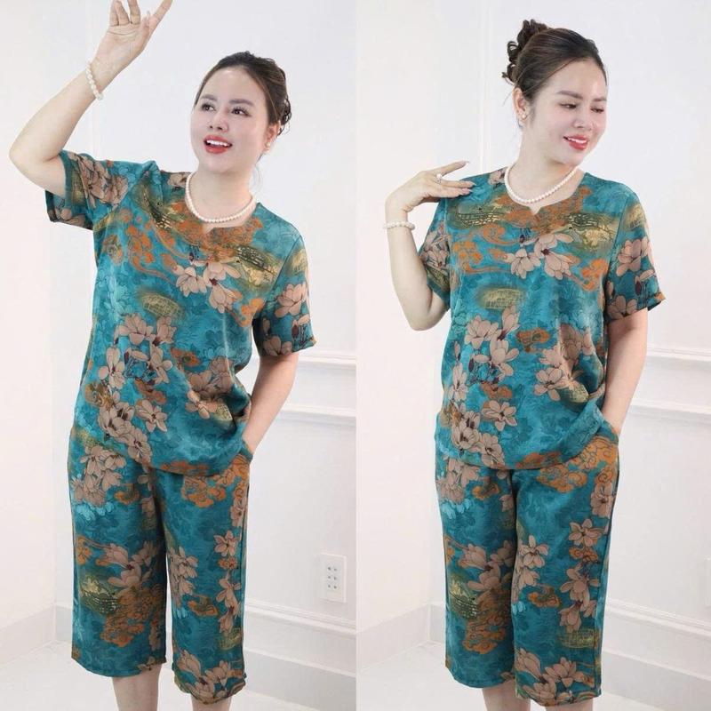 Đồ bộ trung niên cho mẹ và bà mặc ở nhà có áo cổ tròn quần lửng suông chất lụa nhập co dãn thoải mái HMS19A hàng đẹp 6