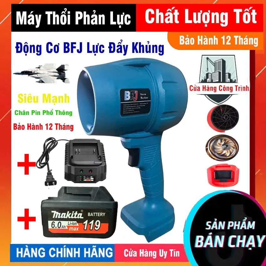 Máy thổi phản lực BFJ dùng pin, Quạt thổi bụi công suất 1000W, Máy thổi lá sấy tóc cầm tay mini siêu mạnh chân pin phổ thông trọng lượng nhẹ