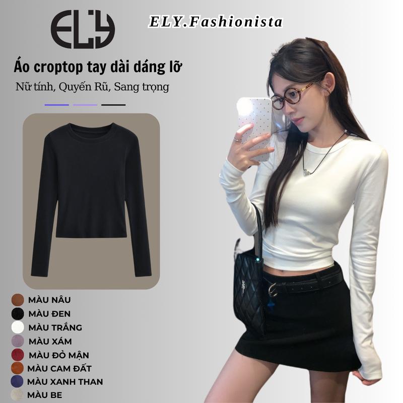 Áo croptop nữ tay dài cổ tròn chất liệu thun cotton đẹp dáng lỡ ôm body co giãn tốt, Áo phông nữ baby tee dáng croptop tay dài phong cách thời trang hàn quốc ELY292 - Women
