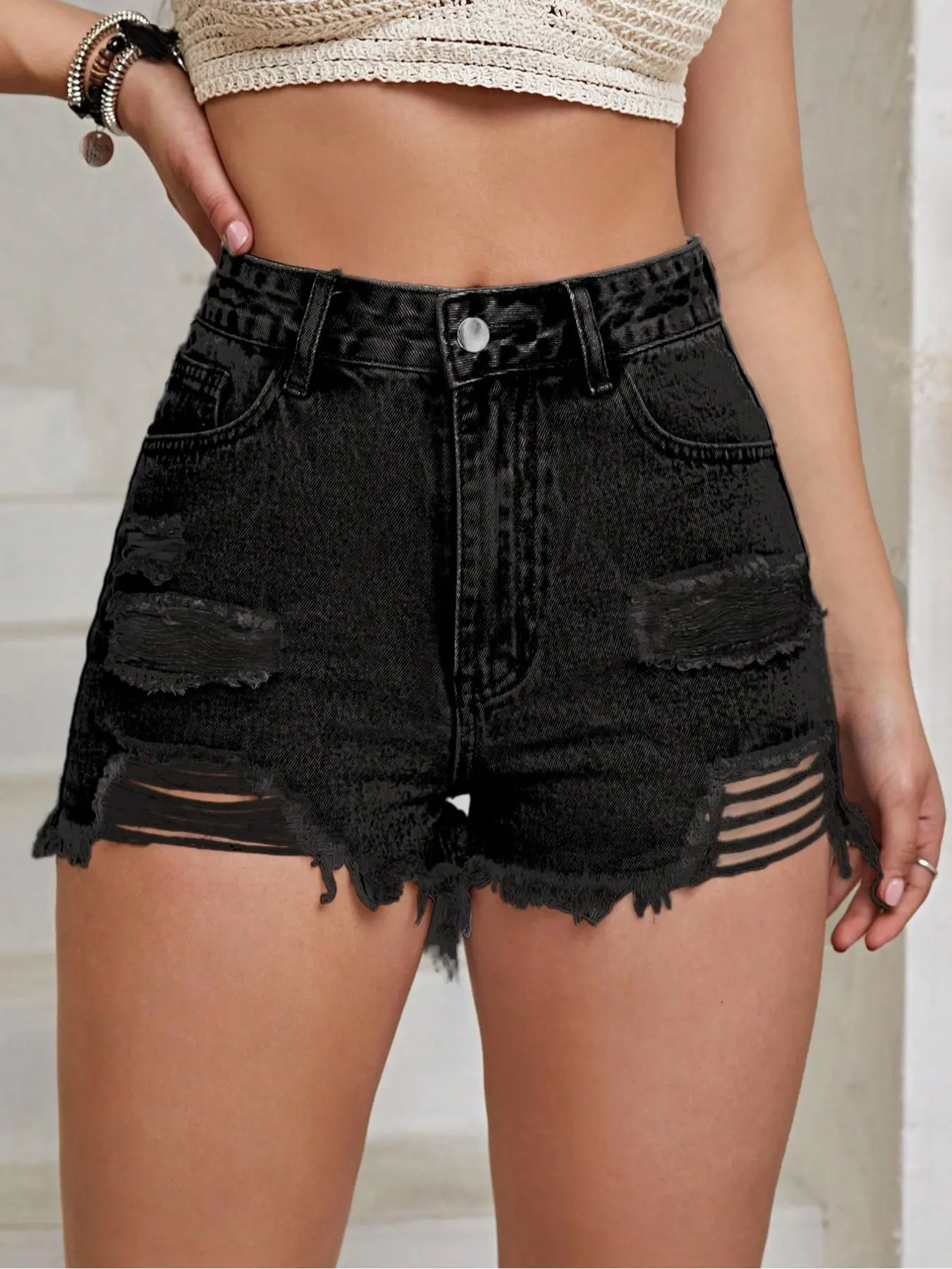 Women's Frayed Hem Denim Shorts, Casual Fashion Ripped Shorts for Daily Outdoor Wear, Ladies Bottoms for Summer, Micro Shorts, Shorts for Women, Womenswear