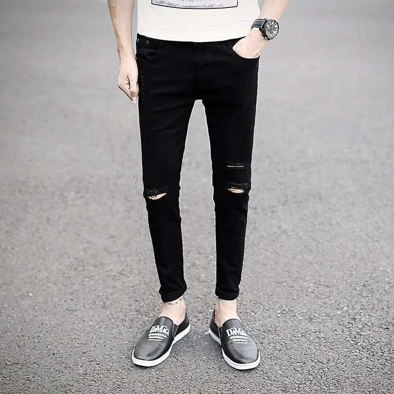 Quần Jean Rách, Quần Cropped Mỏng Cho Nam, Quần Bút Chì, Co Giãn, Mỏng Đến Đầu Gối, Màu Đen Trẻ Trung, Bó Sát, Thương Hiệu Thời Trang