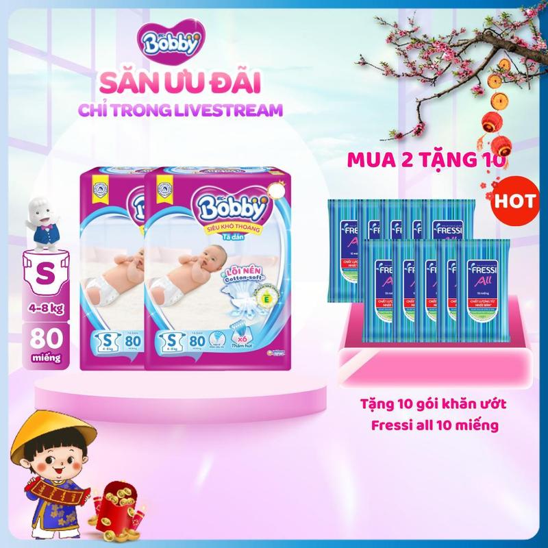   COMBO 2-TẶNG 10 KHĂN ƯỚT FRESSI ALL 10M  Bobby Tã bỉm dán S80 M76 L68 XL62 XXL56 Siêu khô thoáng lõi nén cotton-soft cho bé 