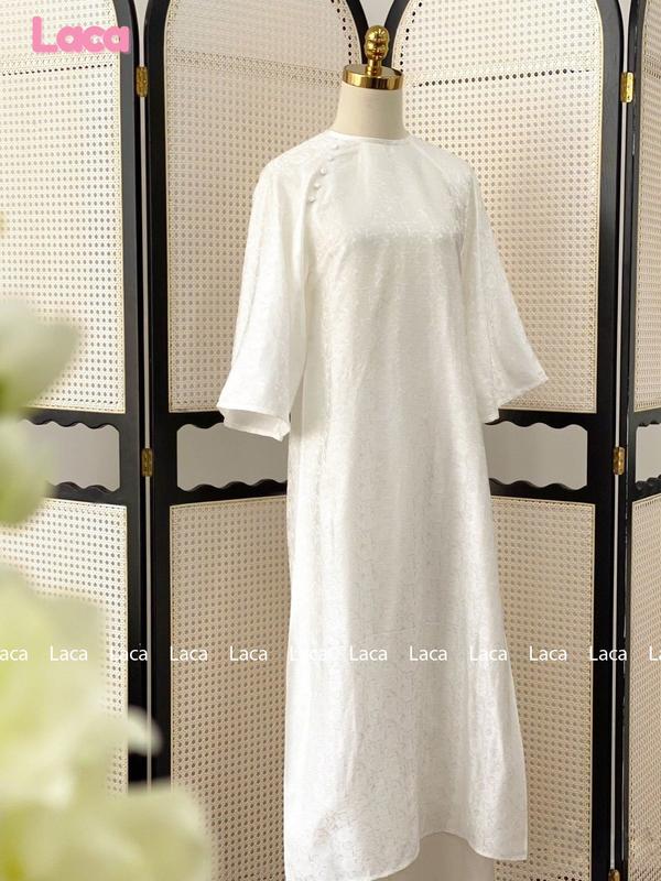 Áo Dài gấm cổ tròn cúc bọc tay loe, áo dài cách tân dáng xuông 5