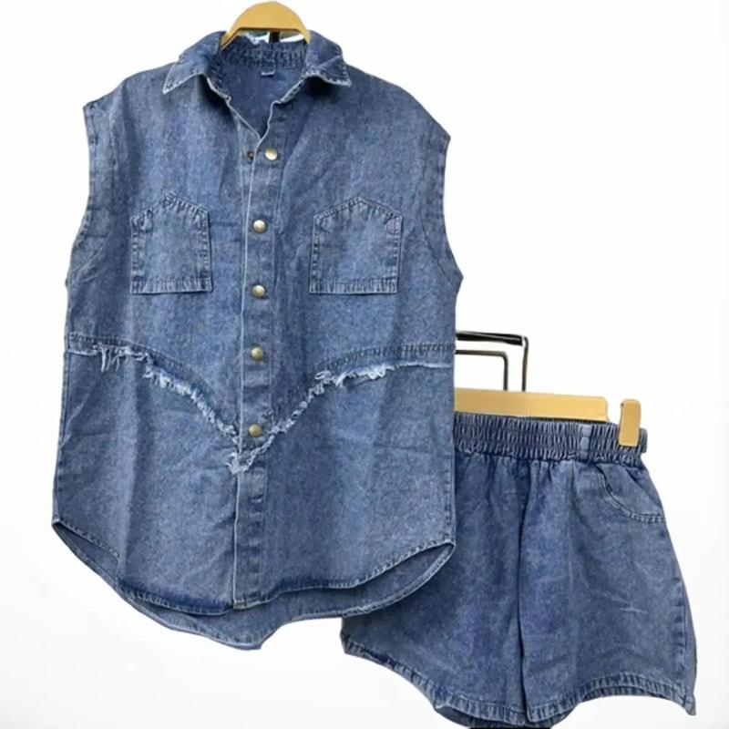 Sét Jeans Nữ Áo Sơmi Cổ Đức Sát Nách Túi Ngược , Quần Sooc Cạp Chun Free Size Dưới 63kg Nhung Women Top set _ set  jean