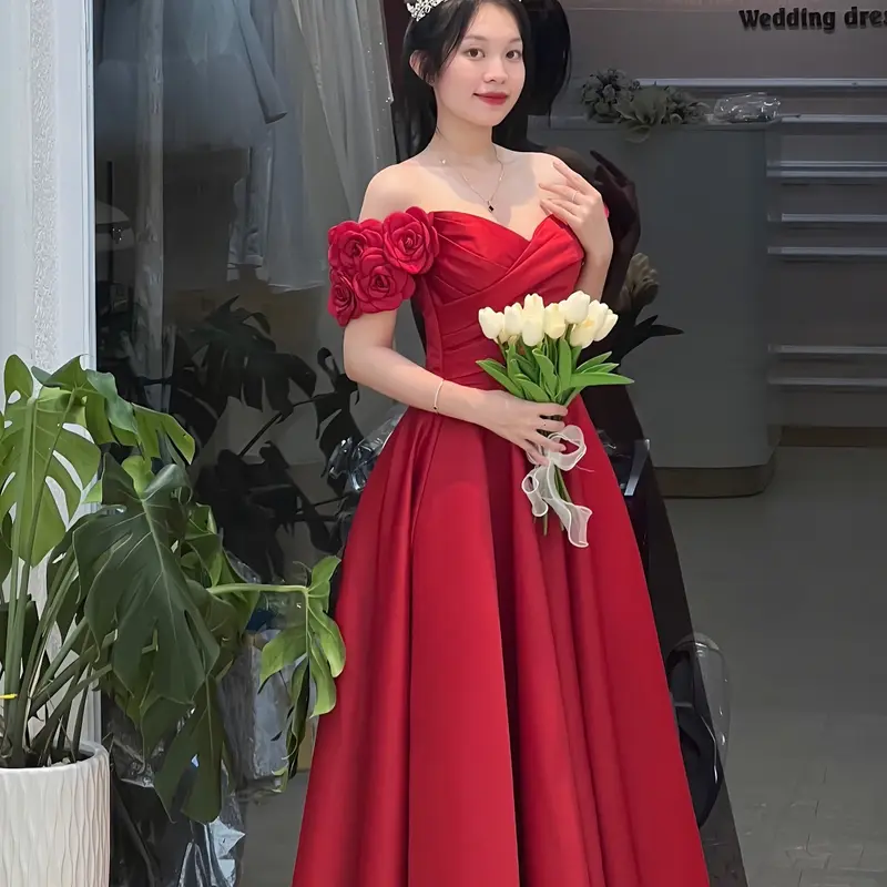 CDP152- Váy cưới đi bàn - đầm cưới thiết kế trễ vai hoa- váy cưới xoè,váy đi bàn xòe trễ vai xếp ly che bụng. 6