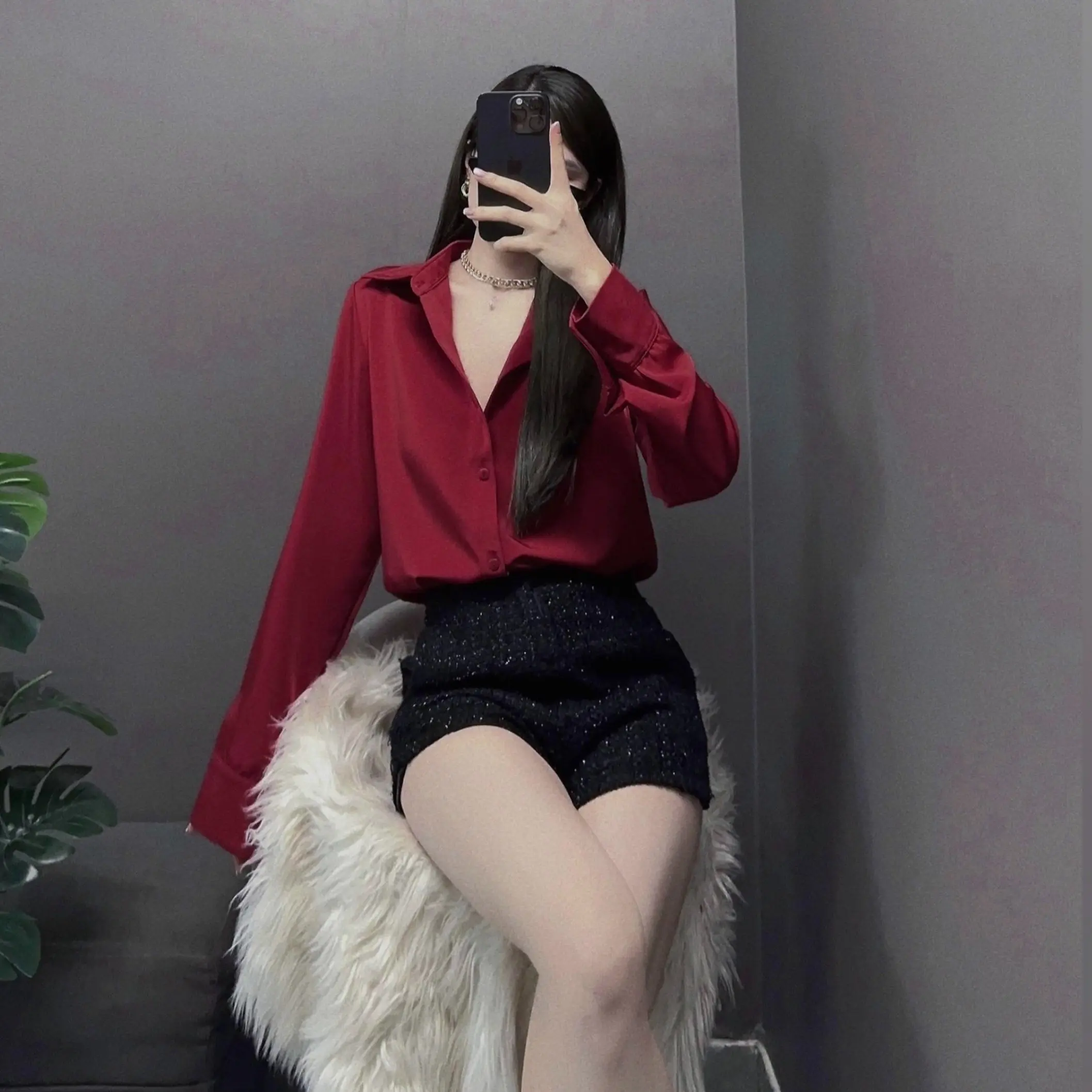 Socomo Áo sơ mi nữ lụa sang chảnh cao cấp nhiều màu A12024 Top Women Đỏ Voi Voan Jean