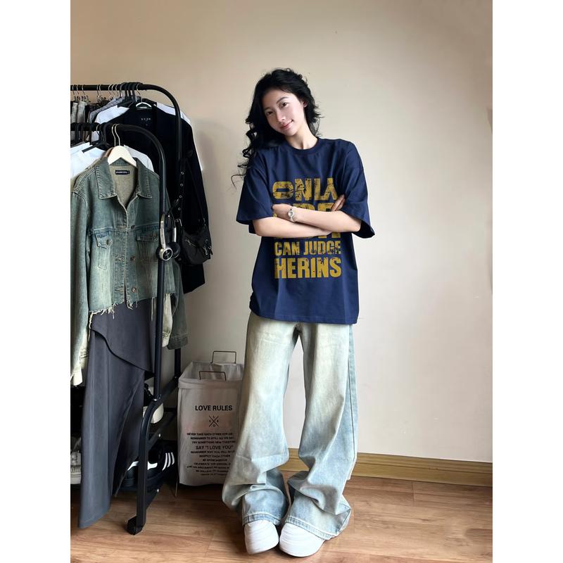 Product Introduction of Đường phố Mỹ in lỏng lẻo màu đỏ Lady ngắn tay áo T-Shirt Top oversize áo phông unisex 24