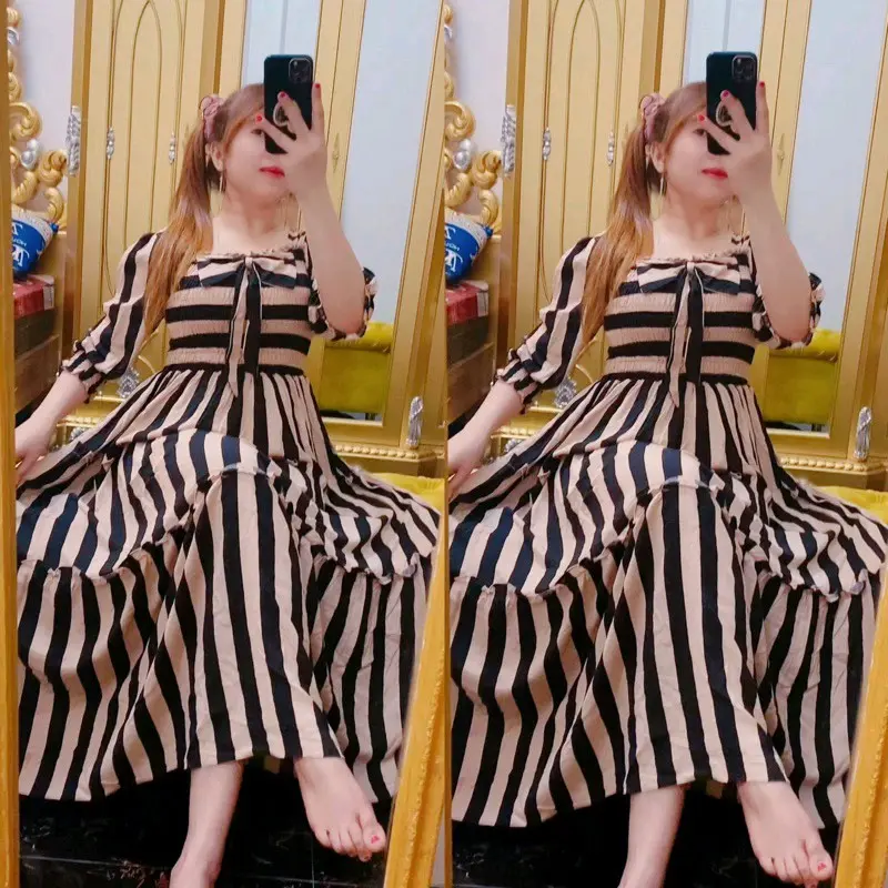 Dress Wanita Semuk Pita Salur Nadin Katun Rayon Baju Casual Motif Panjang Garis