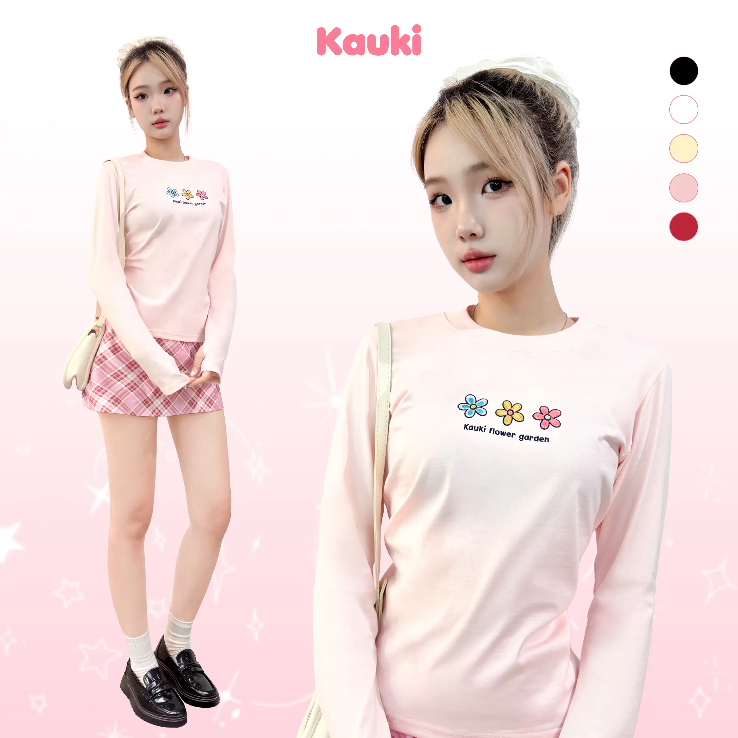 Áo Thun Kauki Thêu Hoa Form Vừa Cổ Tròn Tay Dài Thu Đông Chống Nắng Tốt Vải Cotton 250gsm Nữ Top TD1 Women Nhung Kem