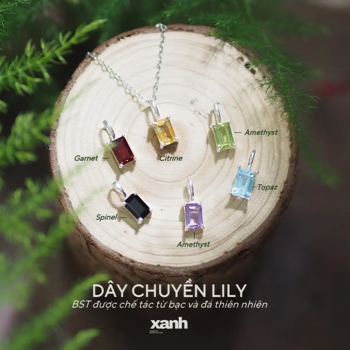 Dây chuyền bạc cho nữ hình chữ nhật đá thiên nhiên phong thuỷ ngũ hành may mắn, tinh tế, thanh lịch - Xanh Jewelry topaz đá garnet đỏ vòng  cổ đá  topaz