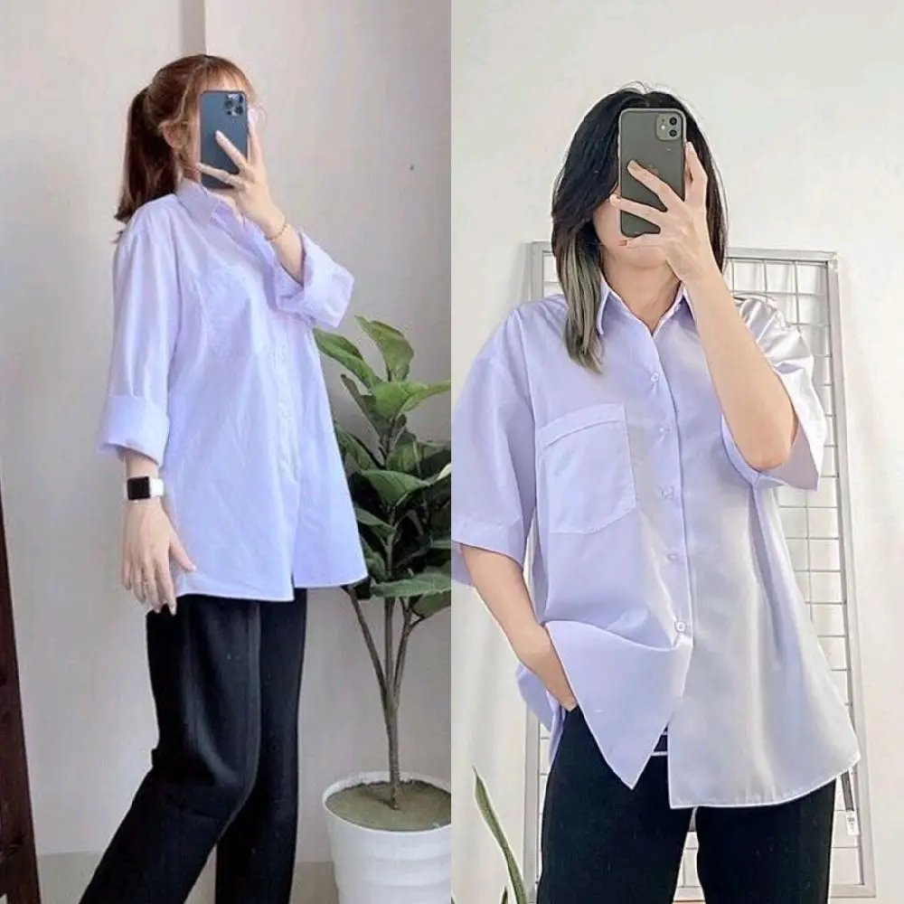 áo trắng đi học ngắn tay và dài tay có túi màu trắng xanh Nữ Women Sơ Mi Top