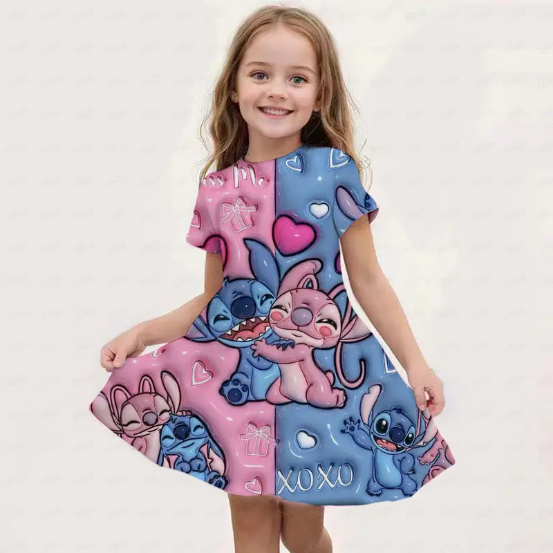 Summer New Children's Clothing 3d Printed Romantic Stitch Cute Girl Short-Sleeved Dress 3-14 Years Old Kids Performance Clothing