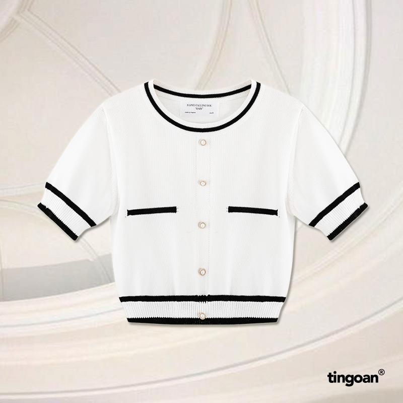 TINGOAN - Áo len trắng crop lửng cổ tròn phối cúc ALISSA TOP/WH