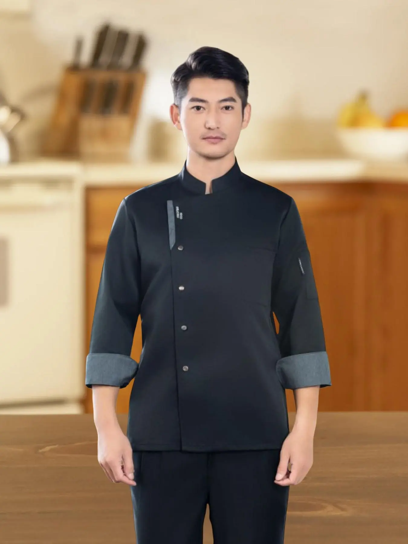 Men's Regular Fit Embroidering Chef Jacket, Long Sleeve Button Closure Chef Coat, Casual Kitchen Cooking Jacket for All Seasons