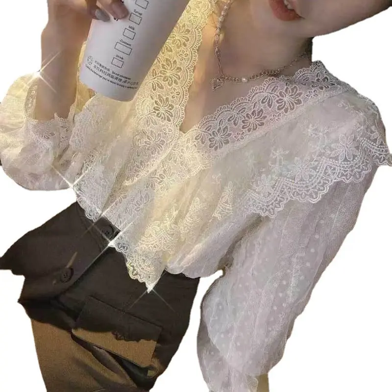 Áo Sơ Mi Ren Cổ Chữ V Cổ Điển Có Khâu Xù Cho Nữ, Áo Sơ Mi Dáng Rộng Thiết Kế Đẹp, Áo Sơ Mi Dài Tay Linh Hoạt Năng Cho Mùa Thu, Quần Áo Mùa Thu Thun Shirt Top Women 4