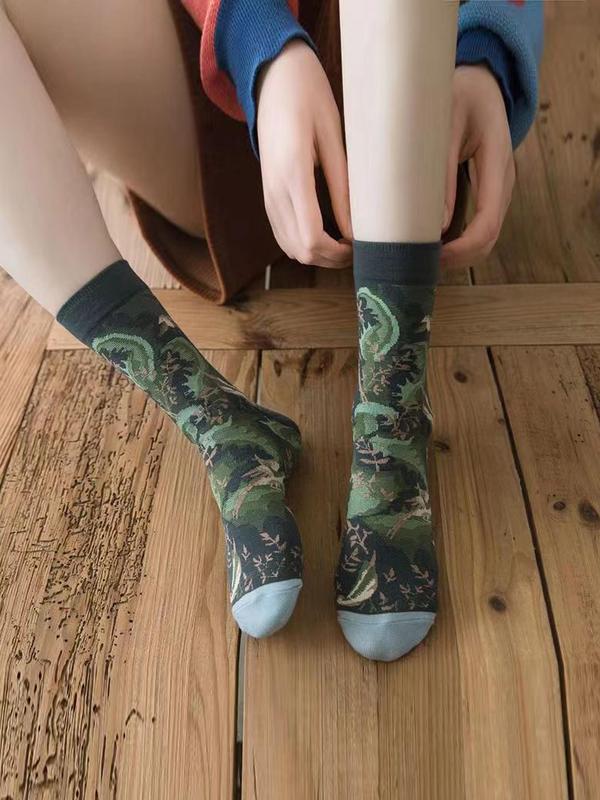 Women's 4 Pairs Animal & Floral Print Crew Socks, Casual Fashion Street Comfy Socks For Daily Vacation Party, Women's Socks For All Seasons 5