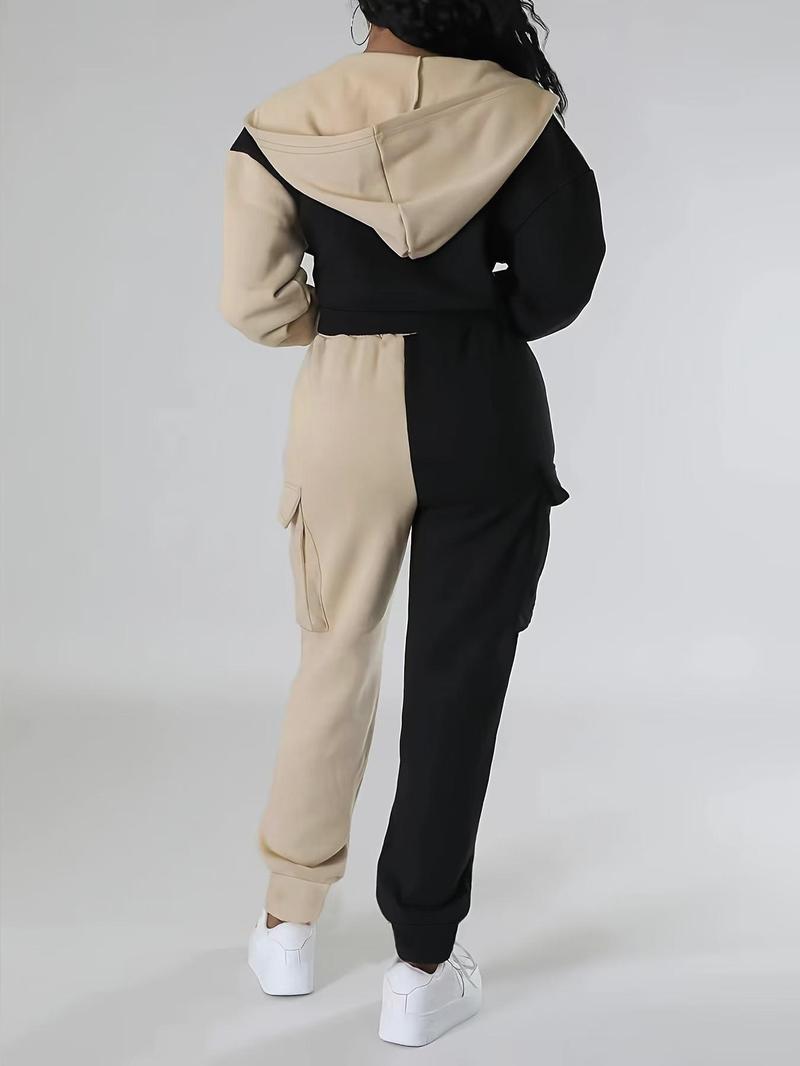 Product Introduction of Two-Piece Set Women's Patchwork Print Zip Up Crop Hoodie & Pocket Sweatpants, Casual Fashion Drop Shoulder Long Sleeve Outerwear & Drawstring Trousers for Daily Outdoor Wear, Women's Clothing for Fall & Winter 2