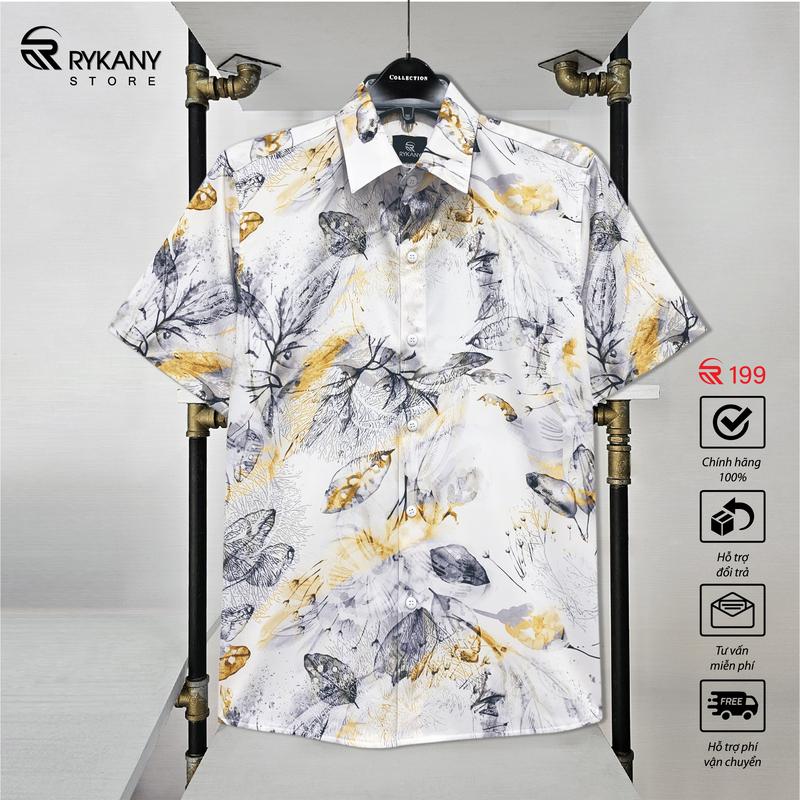 Áo sơ mi nam R199 Hoạ tiết Hoa Bồ công anh, vải lụa co giãn 2 chiều, thấm hút mồ hôi, Mềm, Mịn, Mát Menswear