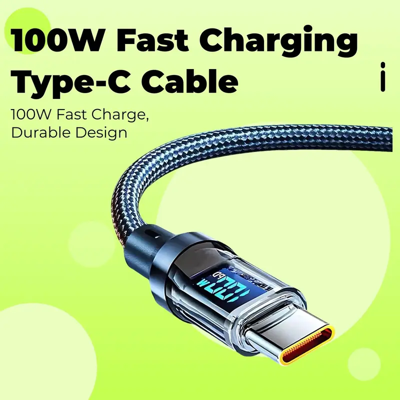 100W Fast Charging Type-C Data Cable, Intelligent Digital Display Phone Charging Cable, Wear-Resistant Nylon Braided Durable Data cable for iPhone 15 & Android, Smartphone Accessories, Boyfriend Gift 1