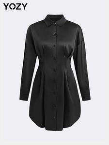 YOZY Women's Solid Button Front Plicated Shirt Dress, Elegant Drop Shoulder Long Sleeve Midi Dress for Fall & Winter, Women's Clothing for Daily Wear