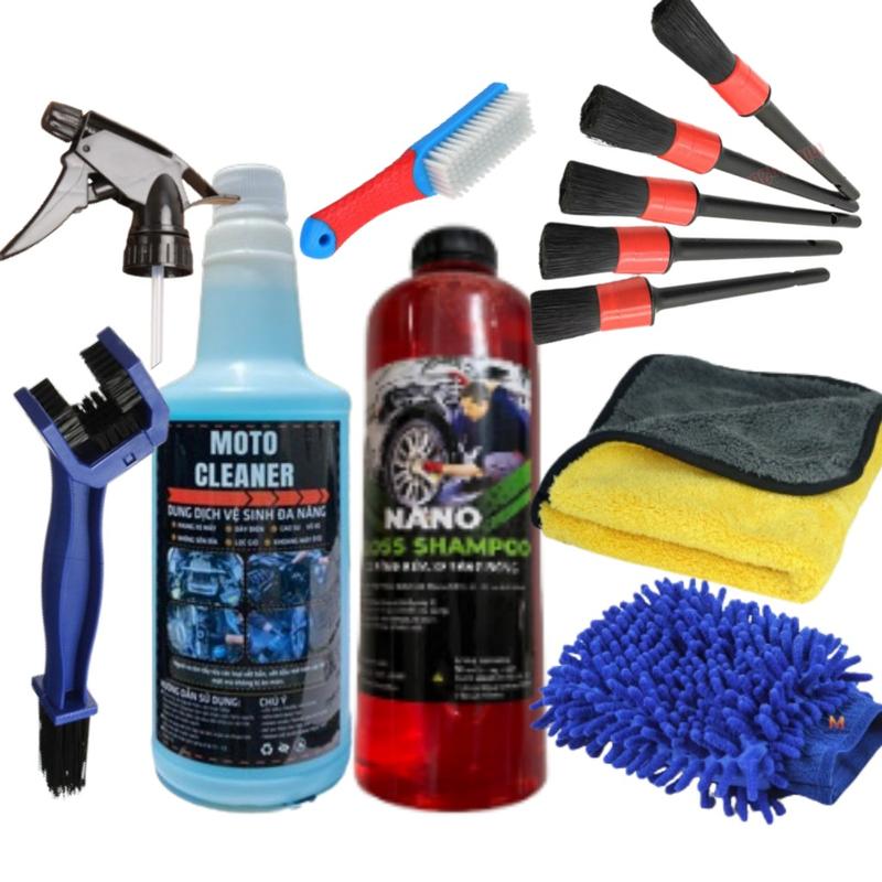 COMBO 11 12 món phụ kiện rửa xe & rửa sên tại nhà, Nước rửa xe, tẩy đa năng, tẩy dầu nhớt, nhông sên Lau Xe dung dichtay