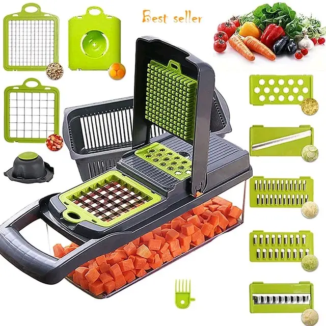 15 in 1 Vegetable Chopper,  Vegetable Slicer Fruit and Vegetable Dicing Machine, Food Slicer Veg Chopper Manual Onion Slicer Dicer Chopper Cutter Veg Slicer (Gray) Viral ticktock top product ,Kitchen Detachable Blade Set heat resistant casual green durabl 1