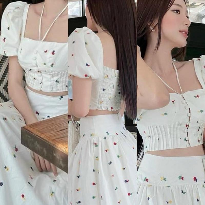 Sét áo lụa ép hoa nhí nhẹ nhàng kèm chân váy tùng xoè 2 lớp A642 (dưới 55kg)