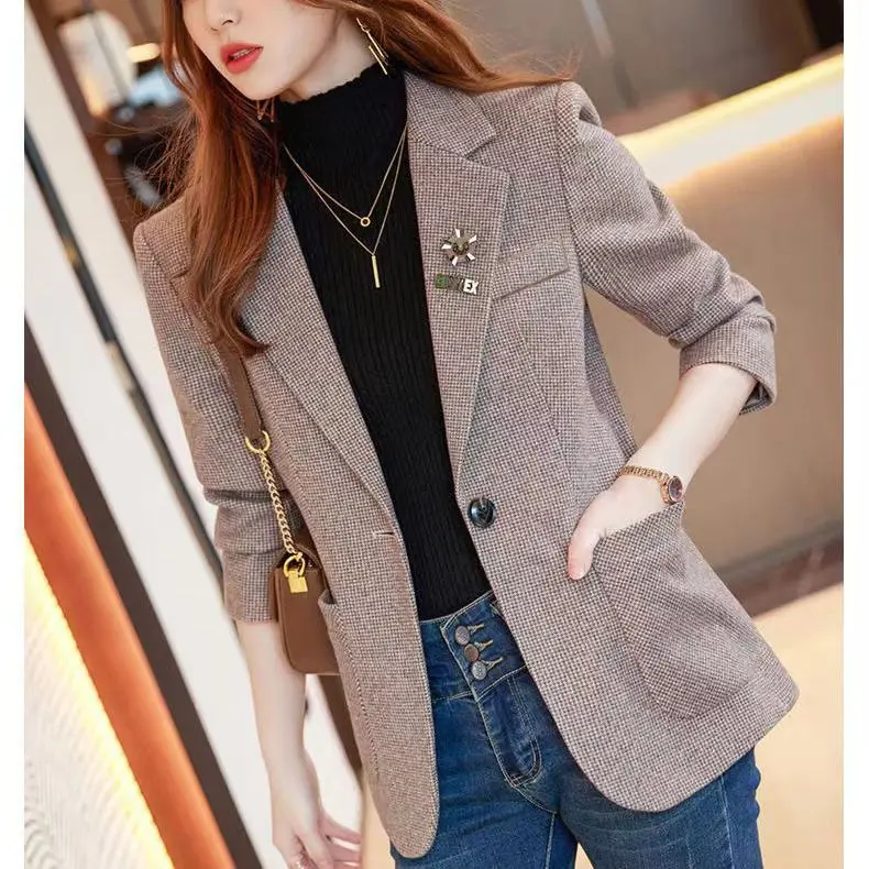 Áo Khoác Len, Dài Trung Bình Dành Cho Nữ, Mỏng Vừa Vặn, Mùa Thu Và Mùa Đông, Hàng Mới Về, Bó Eo, Bộ Đồ Kẻ Sọc Nhỏ Top Jacket Women Có Cổ