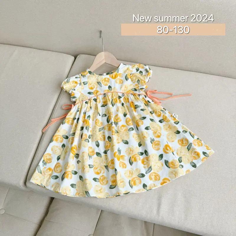 [Pinkids] [8-22kg] Váy Hoa Hòe Chất Thô Mềm Cột Nơ 2 Bên Cho Bé Gái 3