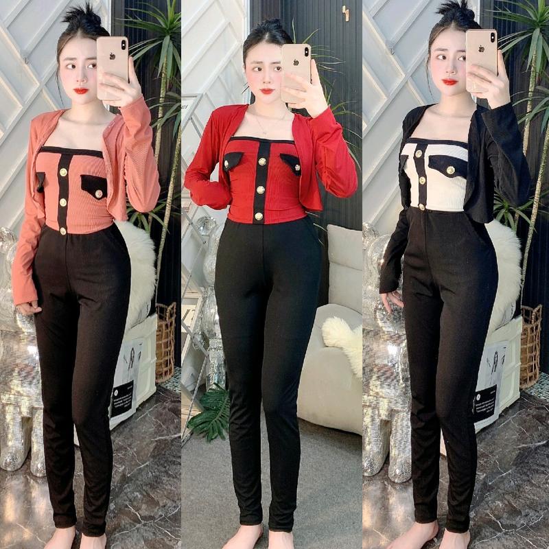Sét Bộ 3 Món Chất Thun Tăm Lạnh Gồm Áo Khoác Kèm Áo Ống Viền Nút Phối Quần Dài Có Túi CAO CẤP Nữ Women Top