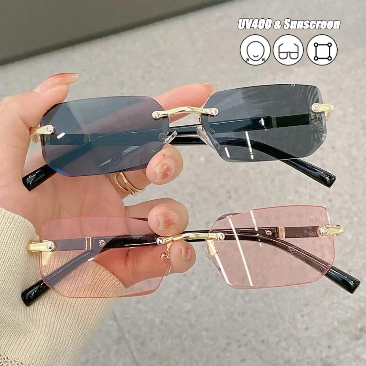 Y2K Rimless Rectangle Sunglasses Retro Vintage Frameless Polarized UV Protection Vintage Rimless Blue Gradient Sunglasses – Y2K Minimal  main image 4