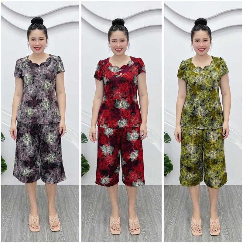  S48 Đồ bộ trung niên đồ bộ cho mẹ Cổ Sóng Nước thun Aty Mỹ mềm mát 50-80kg Áo Top 
