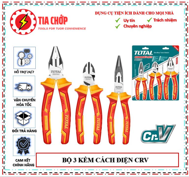 Bộ 3 kìm cách điện Total THT2K0302 1 kềm cắt cách điện 6 inch 1 Kềm mũi nhọn mỏ dài cách điện 6 inch 1 kềm răng cách điện 8 inch