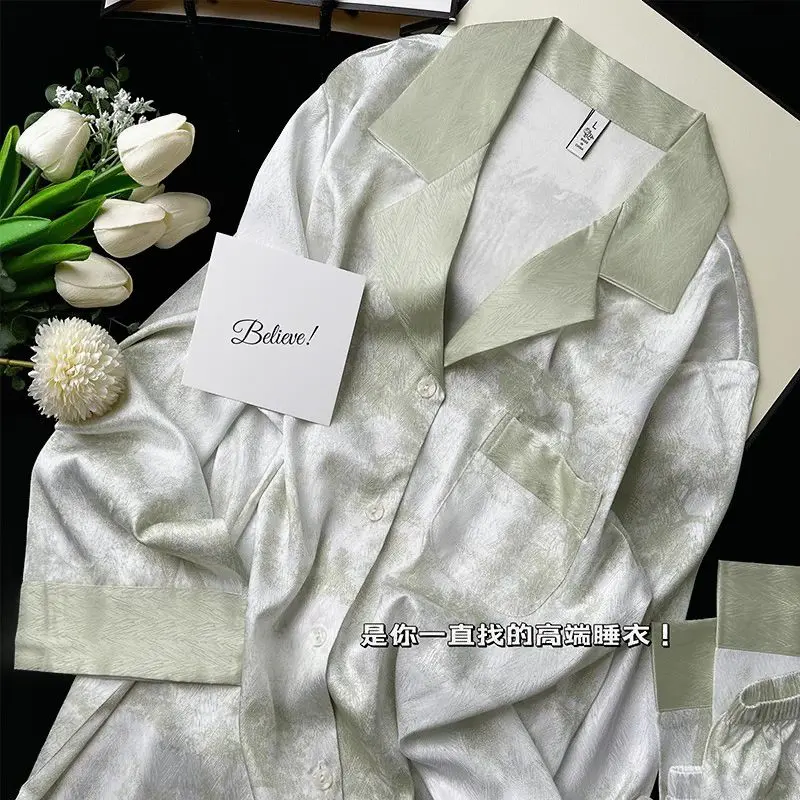 Bộ Đồ Ngủ Lụa Lạnh Bộ Đồ Hai Mảnh Cho Nữ, Mùa Xuân Và Mùa Thu, Quần Dài Tay Mỏng, Dáng Rộng Vừa Vặn, Ngoại Cỡ, Thích Hợp Mặc Hàng Ngày, Bộ Đồ