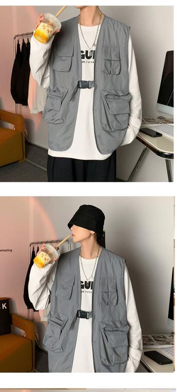 Product Introduction of Spring and Autumn Ins Mechanical Style Work Vest Vest Man Loose Hong Kong Style Fashion Brand All-Matching Multi-Pocket Sleeveless Jacket 11