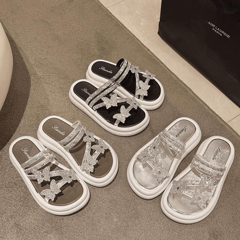 Dép quai ngang nữ đính bướm hồ điệp, độn đế 3cm chống trơn trượt - DéP