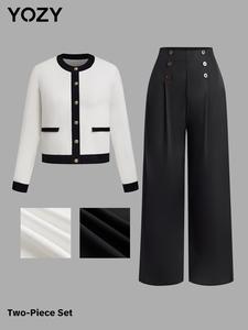 YOZY Women's Colorblock Button Front Cardigan & Pants Two-piece Set, Casual Long Sleeve Round Neck Knitwear & Trousers for Fall & Winter, Women's Clothes for Daily Wear