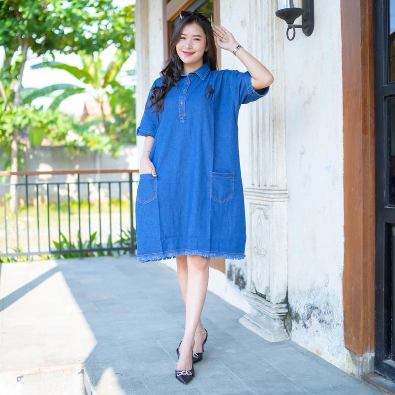 Baju Dress Jeans Casual Wanita Jumbo Motif Polos Bordir Kancing Midi Panjang Pesta Dewasa Atasan Hitam Navy Terusan 5