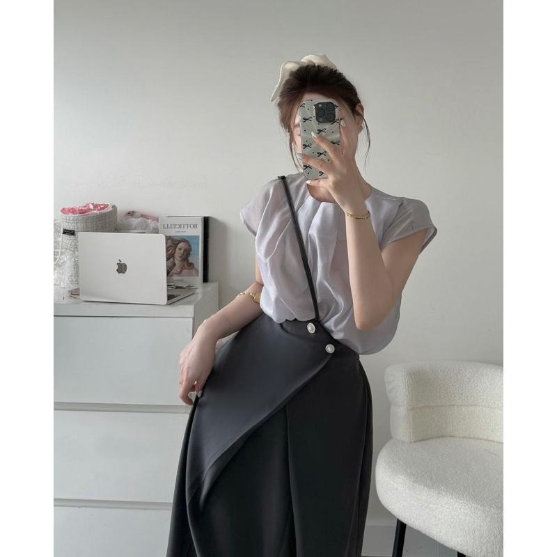 set 2 chi tiết áo tơ tay hến kèm chân váy dáng dài phong cách tiểu thư Nữ Women Kem Top 2