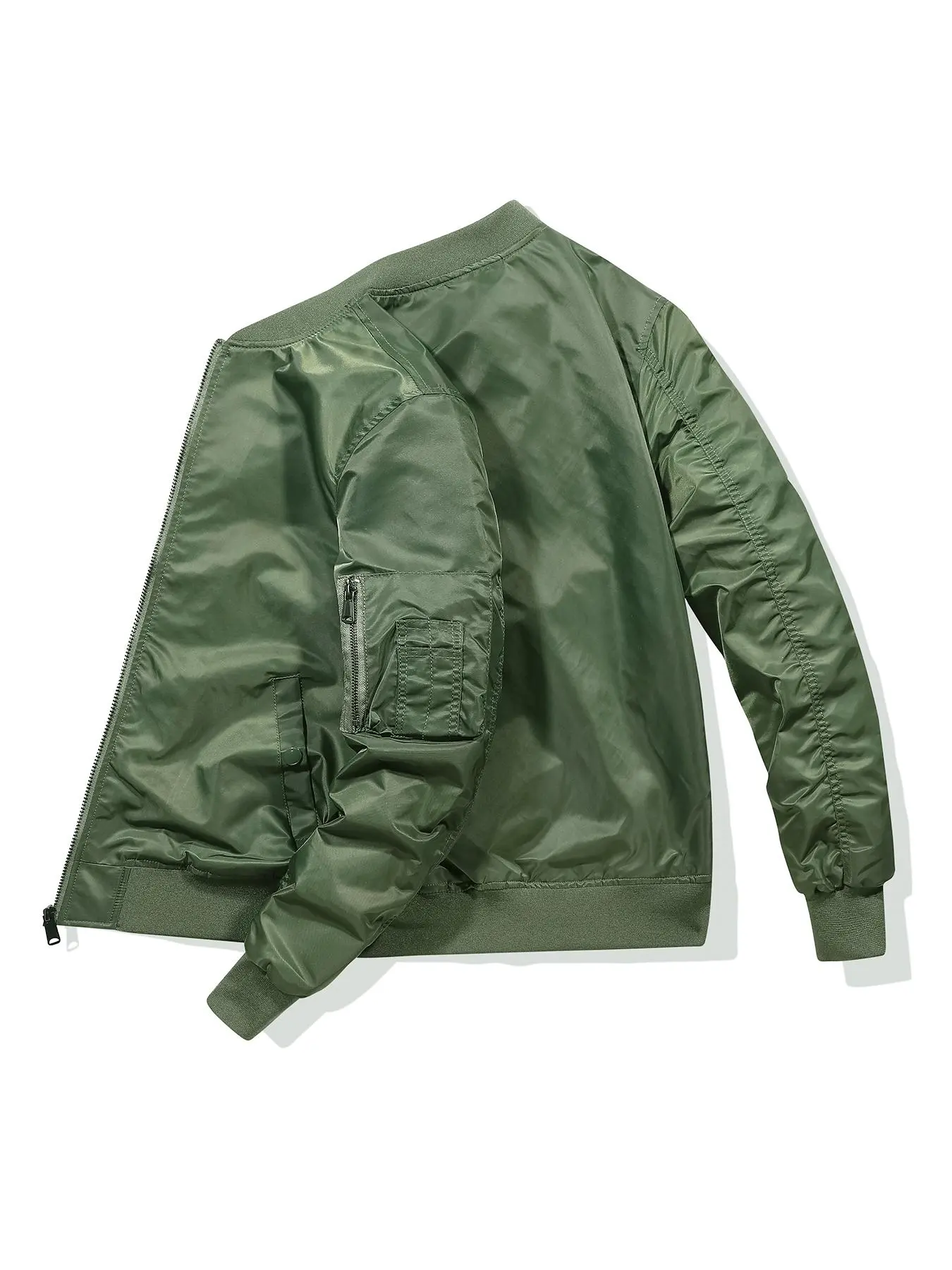 Men's Plain Drop Shoulder Zip Up Bomber Jacket, Drippy Outfits, Casual Regular Fit Long Sleeve Mock Neck Zip Front Outerwear For Spring & Fall, Going Out Outfit, Men's Clothes For Daily Wear
