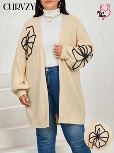 CURVZY Plus Size Floral Print Drop Shoulder Sweater Cardigan, Casual Long Sleeve Open Front Knitwear for Fall & Winter, Women's Plus Clothing for Daily Wear