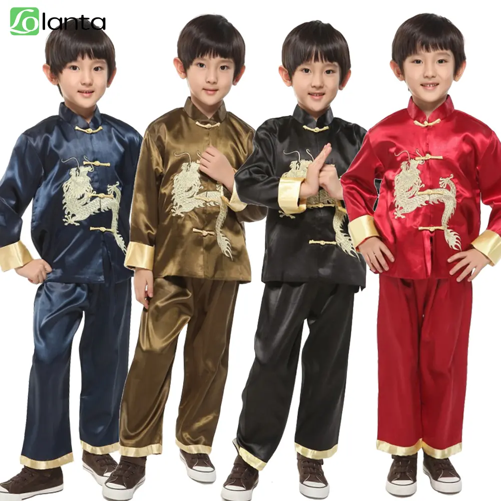 Lolanta children unisex Chinese dress tai chi kung fu clothing dragon stage costume cheongsam dress Chinese traditional boy costume for events Cultura Chinese New Year gift Family set 1-11 years old