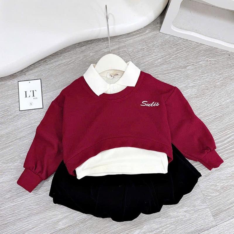  9000- Set áo len tăm crotop  kèm áo thun cổ bẻ kèm chân váy nhung có lót quần dành cho bé gái  8-30kg  