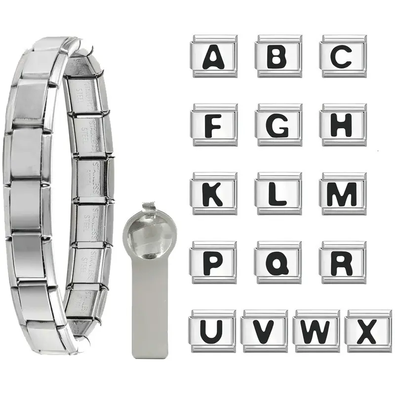 Gelang Pesona Itali, Huruf A-Z Hitam, Gelang Keluli Tahan Karat 9mm, Aksesori Membuat DIY, Gelang Modul Personaliti Retro, Sesuai untuk Membuat Gelang