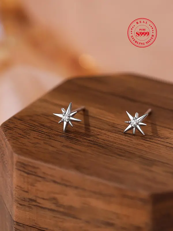 999 Sterling Silver Mini Star Earrings, Casual Rhinestone Stud Earrings for Women, Trendy & Exquisite Jewelry for Party, Daily Clothing Decor, Perfect for Gift 8
