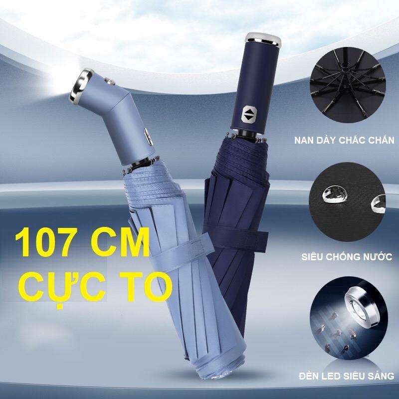 Dù TỰ ĐỘNG Gấp Gọn Có Đèn Pin Đi Đêm, Ô Che Mưa Che Nắng 10 Nan Nút Mở Tự Động, Ô Gấp Gọn Chống Lật Kích Thước To